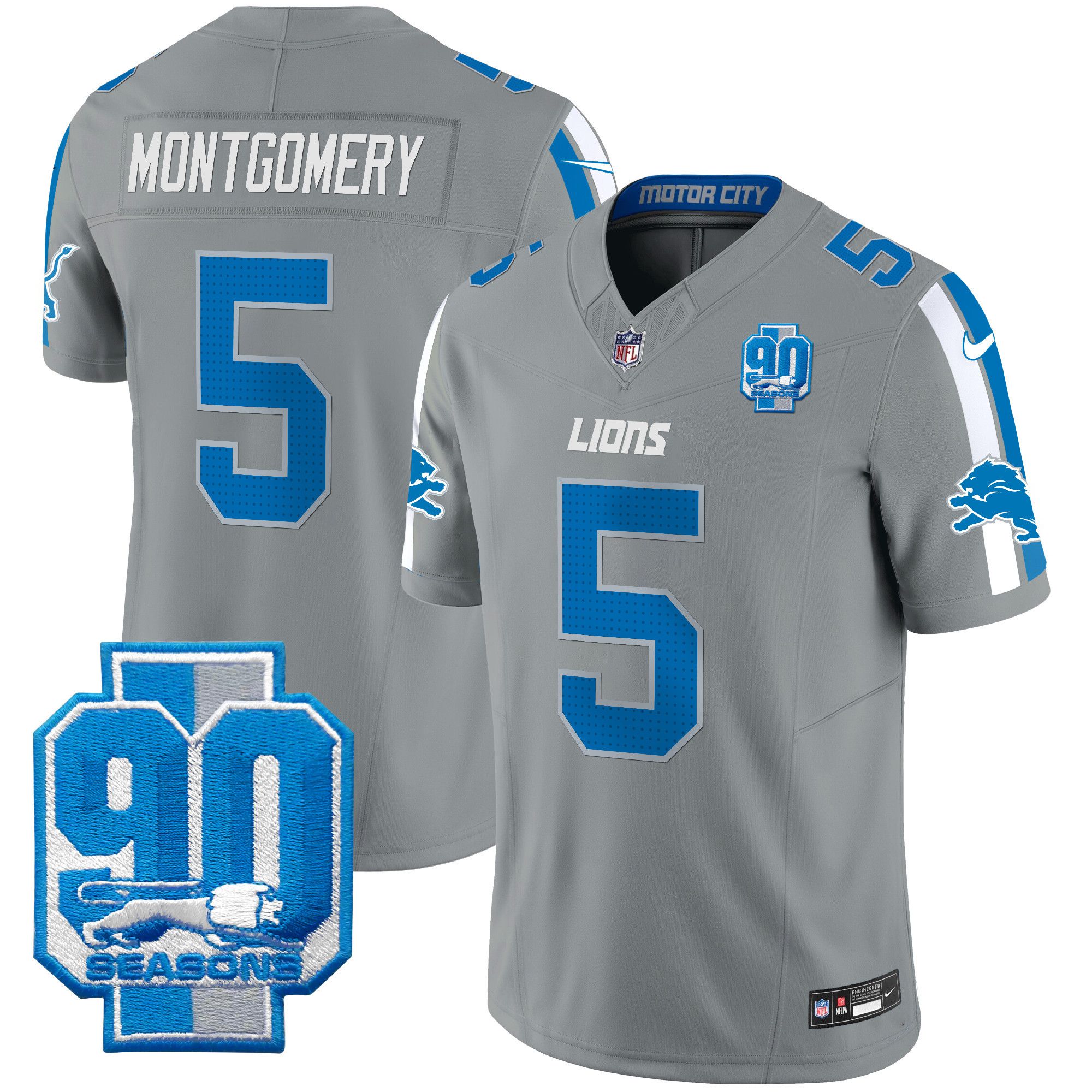 Men Detroit Lions #5 Montgomery Grey 2024 Nike 90th Year Patch Vapor Limited NFL Jersey